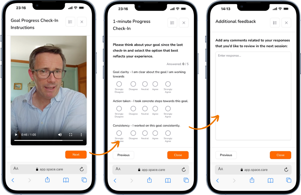 funnel showing a sequence of steps with a video and a check-in questionnaire