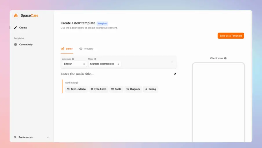 SpaceCare view - Create new template section
